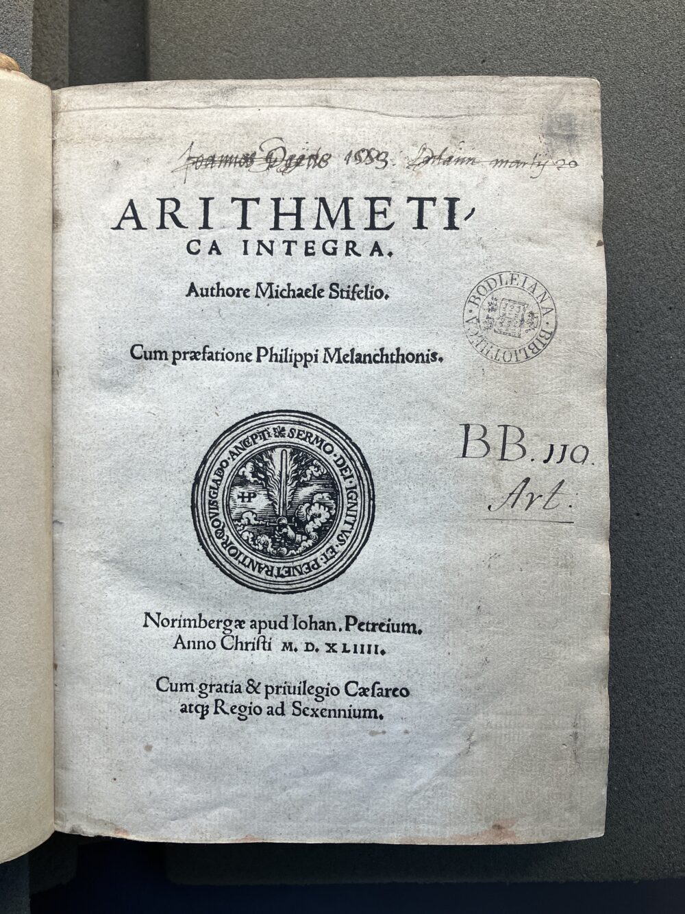 Michael Stifel, Arithmetica Integra (Nuremburg, 1544), sig. α1r. Image credit: Bodleian Library, Oxford, BB 110 Art.