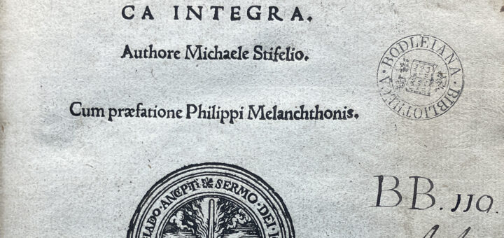 Michael Stifel, Arithmetica Integra (Nuremburg, 1544), sig. α1r. Detail of title page with John Dee’s ownership inscription and record of purchase, “Joannes Deëus 1553. Londini martij 20”. This was likely struck through before acquisition by the Bodleian. Image credit: Bodleian Library, Oxford, BB 110 Art.