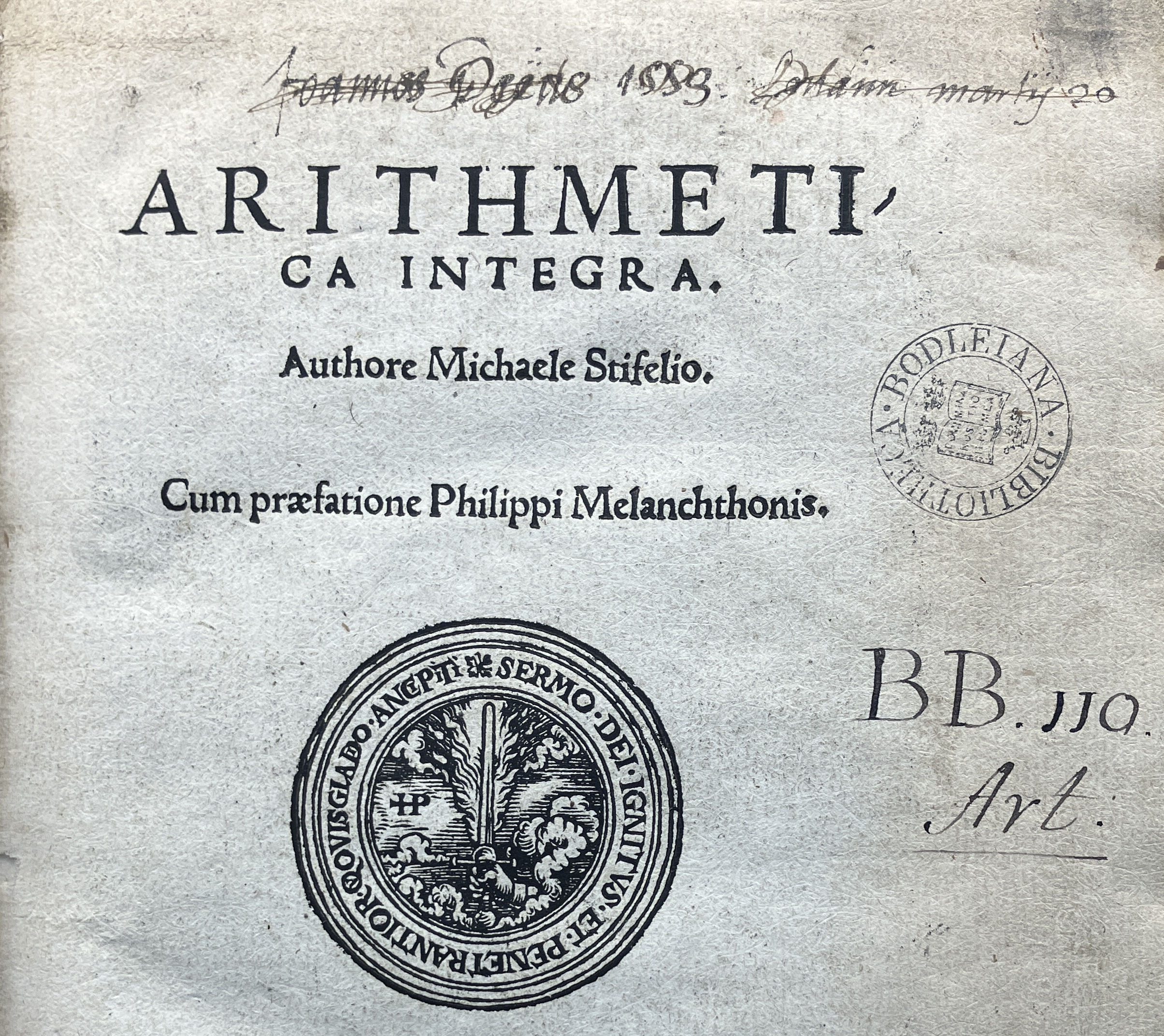 Michael Stifel, Arithmetica Integra (Nuremburg, 1544), sig. α1r. Detail of title page with John Dee’s ownership inscription and record of purchase, “Joannes Deëus 1553. Londini martij 20”. This was likely struck through before acquisition by the Bodleian. Image credit: Bodleian Library, Oxford, BB 110 Art.